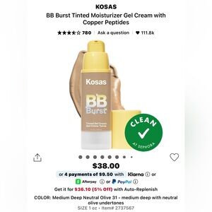 🍒4/$25🍒 Kosas BB Burst Tinted Gel Cream - Medium Deep Neutral Olive